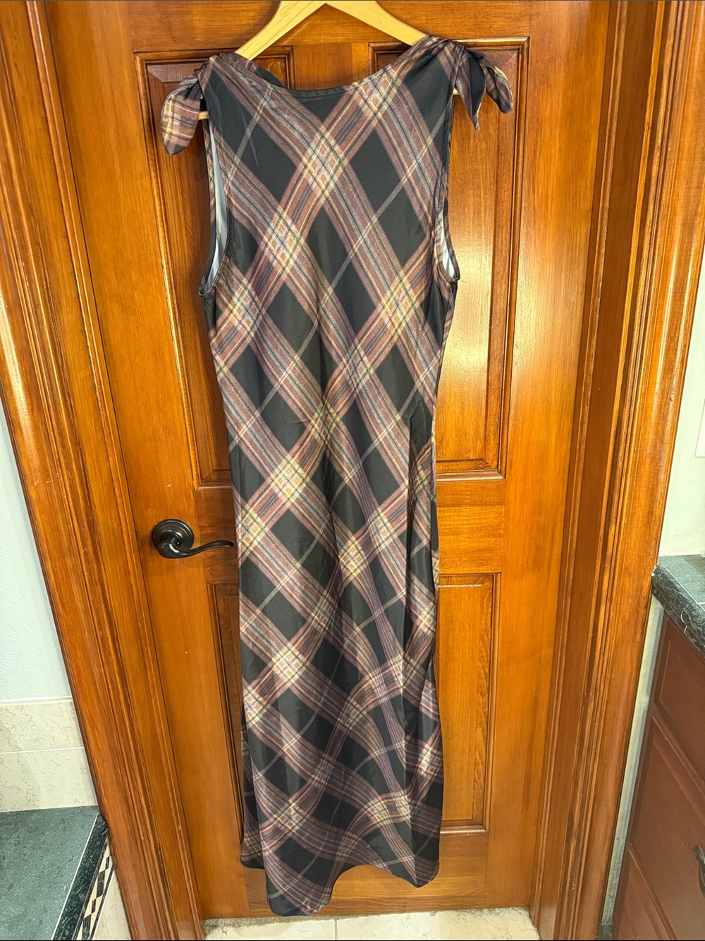 Camila Coelho Black and Brown Plaid Maxi Dress with Tie-Strap Shoulders